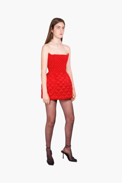 Red quilted mini dress with crystals