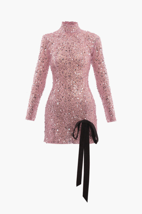 Pink sequin embroidered tulle mini dress