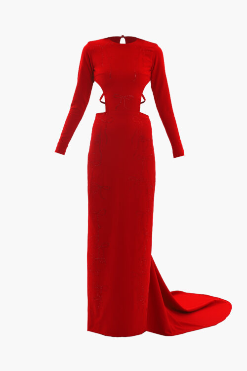 Red crystal bows long dress