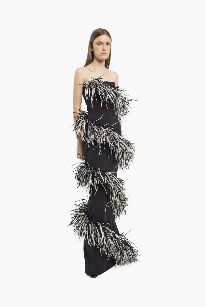Black & White Spiral Feather Gown - Image 5
