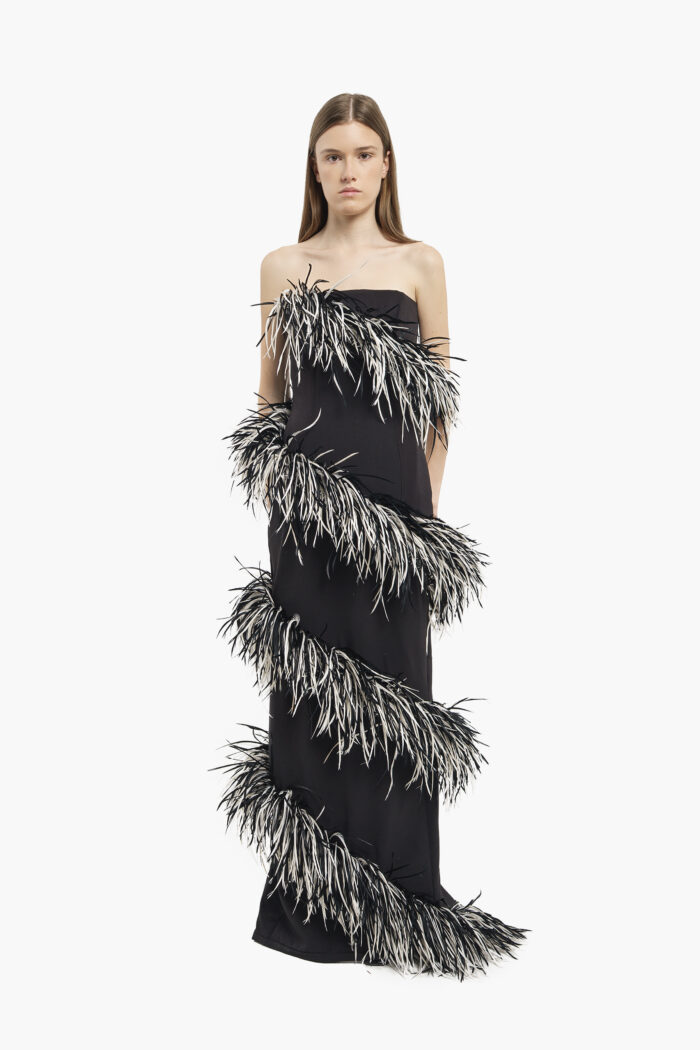 Black & White Spiral Feather Gown - Image 6