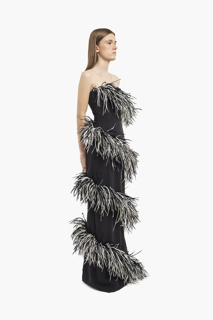 Black & White Spiral Feather Gown - Image 2