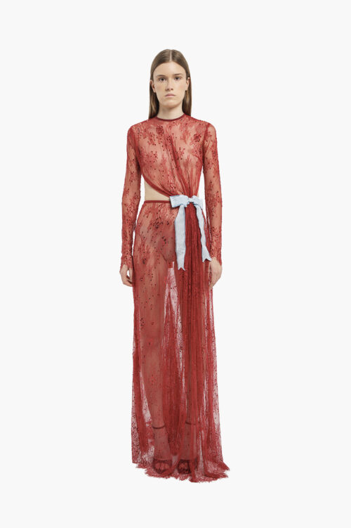 Red Crystal Lace Gown with Bow