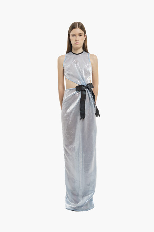Blue Sequin Gown with Moiré Bow