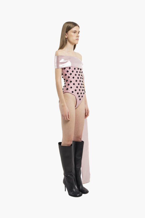 Pink Quilted Bodysuit with Black Flowers and Sequin Drape