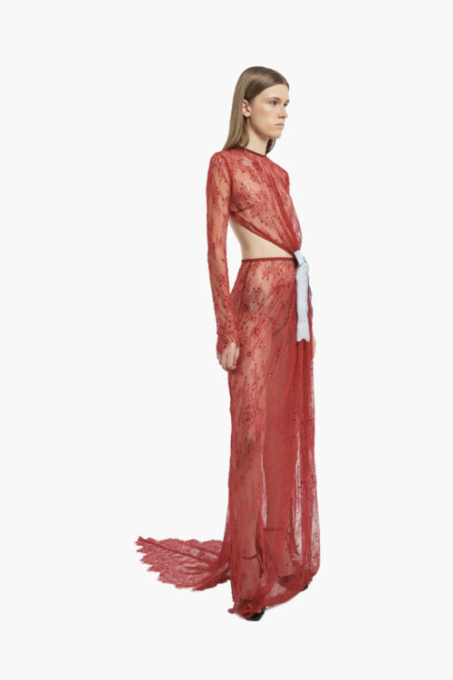 Red Crystal Lace Gown with Bow
