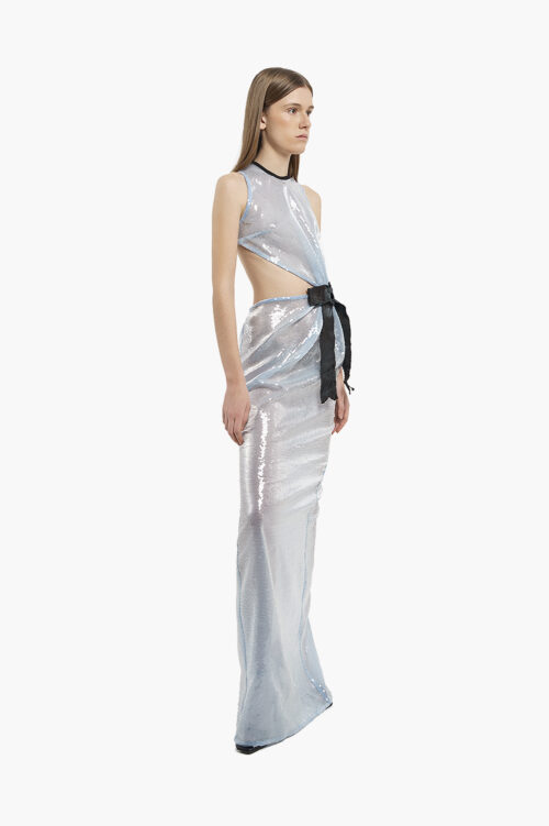 Blue Sequin Gown with Moiré Bow