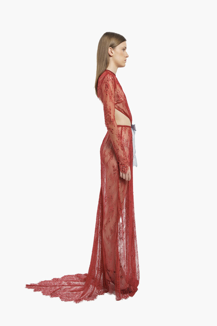 Red Crystal Lace Gown with Bow - Image 6