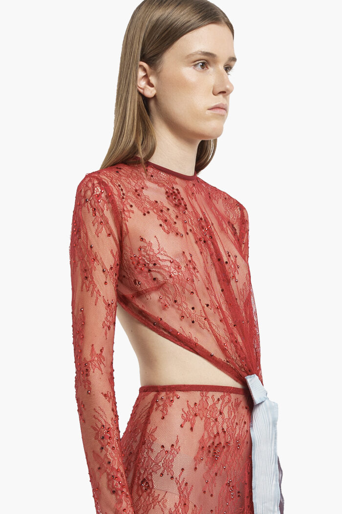 Red Crystal Lace Gown with Bow - Image 5