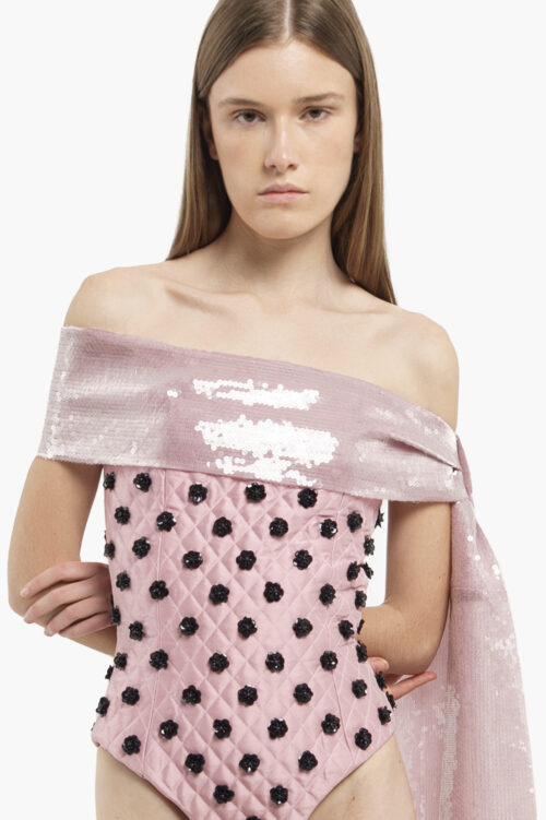 Pink Quilted Bodysuit with Black Flowers and Sequin Drape