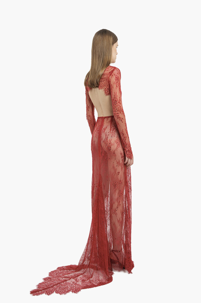 Red Crystal Lace Gown with Bow - Image 4
