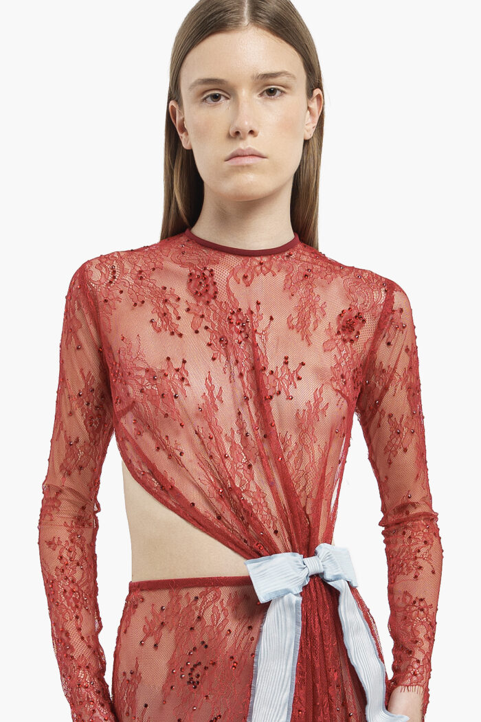 Red Crystal Lace Gown with Bow - Image 3